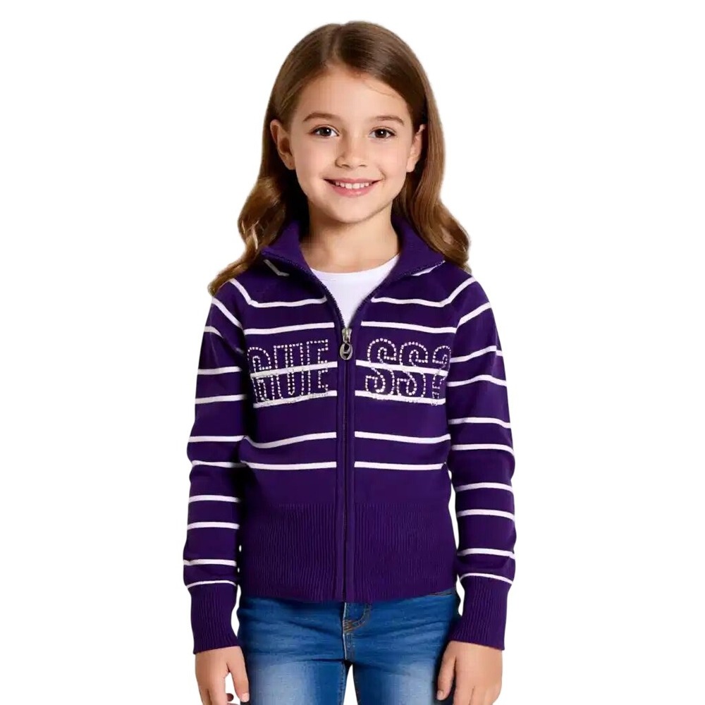 Guess‎ Girls Purple White Striped Rhinestone Logo Full Zip Sweater Size S7 NWT